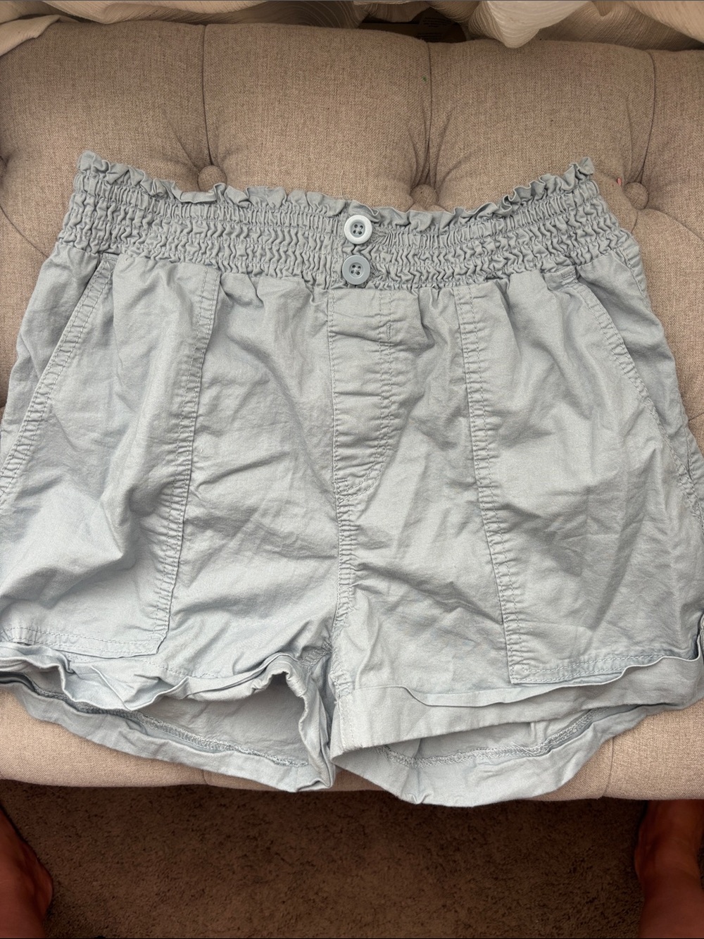 Vanilla Star Light Blue High-Waist Smocked Button Front Shorts